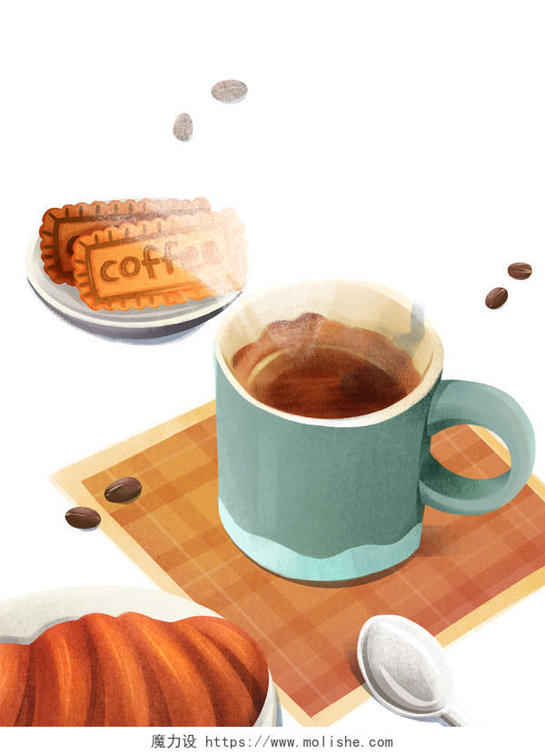 彩色卡通手绘咖啡泡咖啡咖啡豆下午茶元素PNG素材